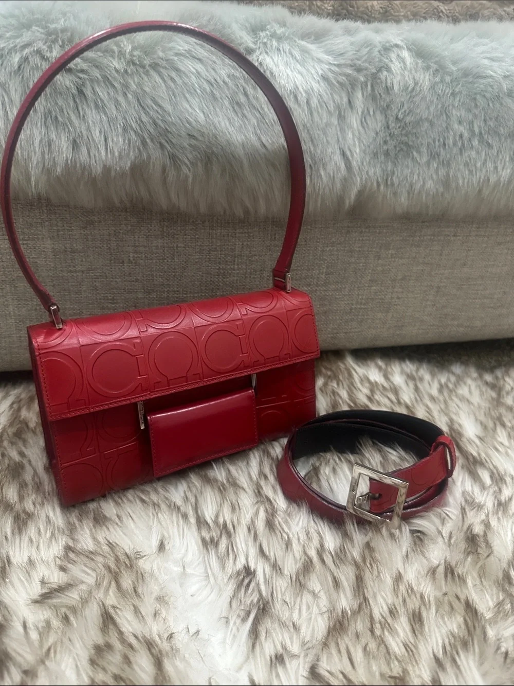 Salvatore Ferragamo Red Leather Belt with Silver signature Buckle